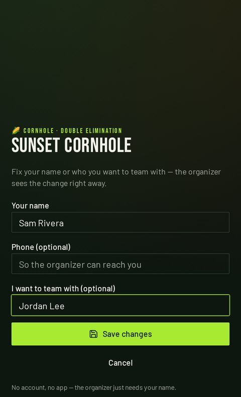 Registration page in edit mode with Save changes and Cancel buttons under the name and partner fields