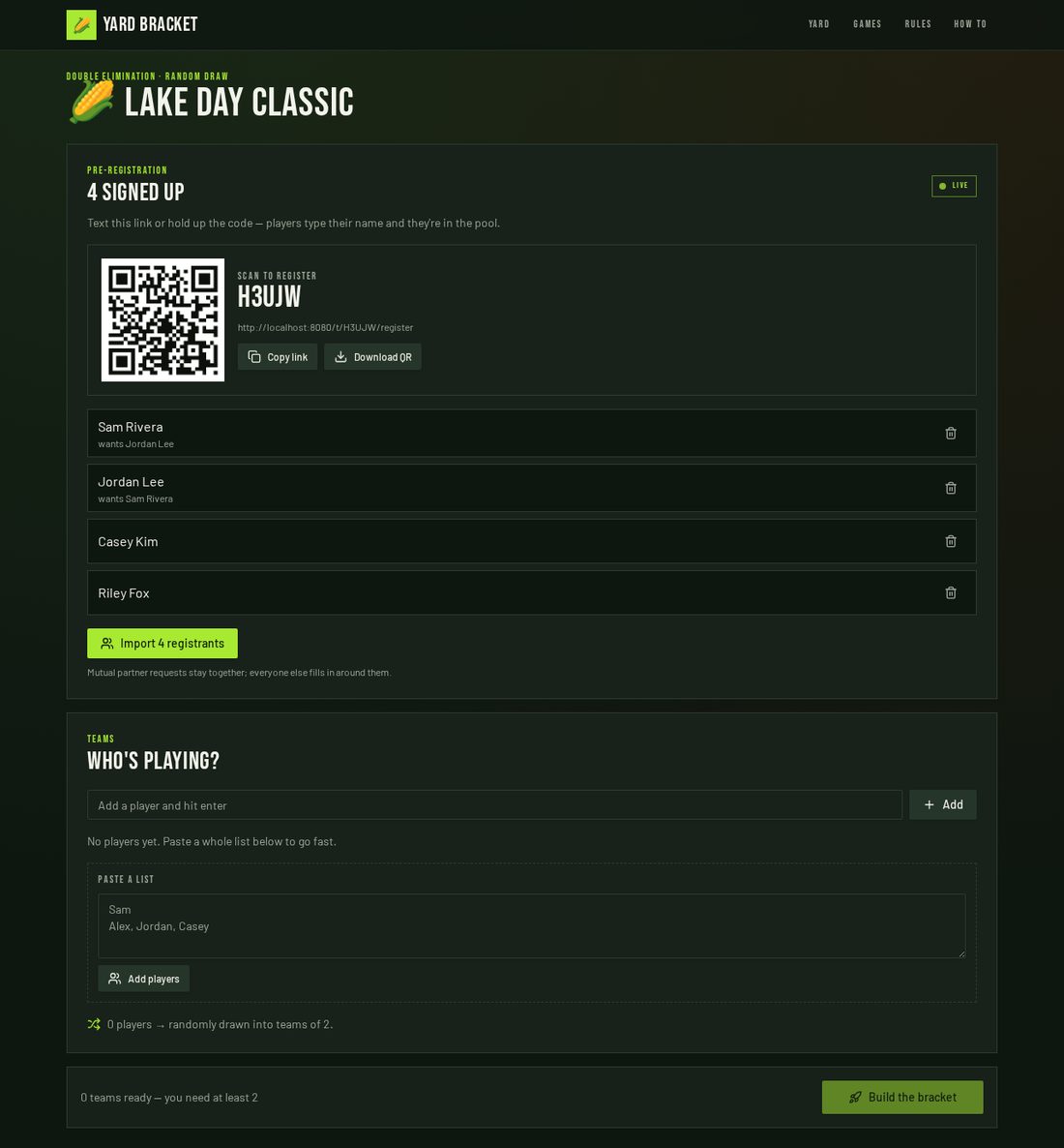 Pre-registration panel showing a QR code, the tournament code, Copy link and Download QR buttons, and four registered players