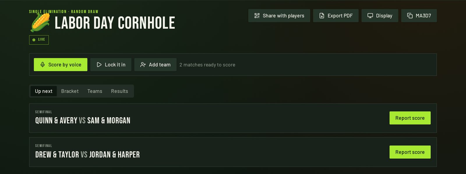 Tournament page showing the Up next tab with two semifinal matchups and Report score buttons