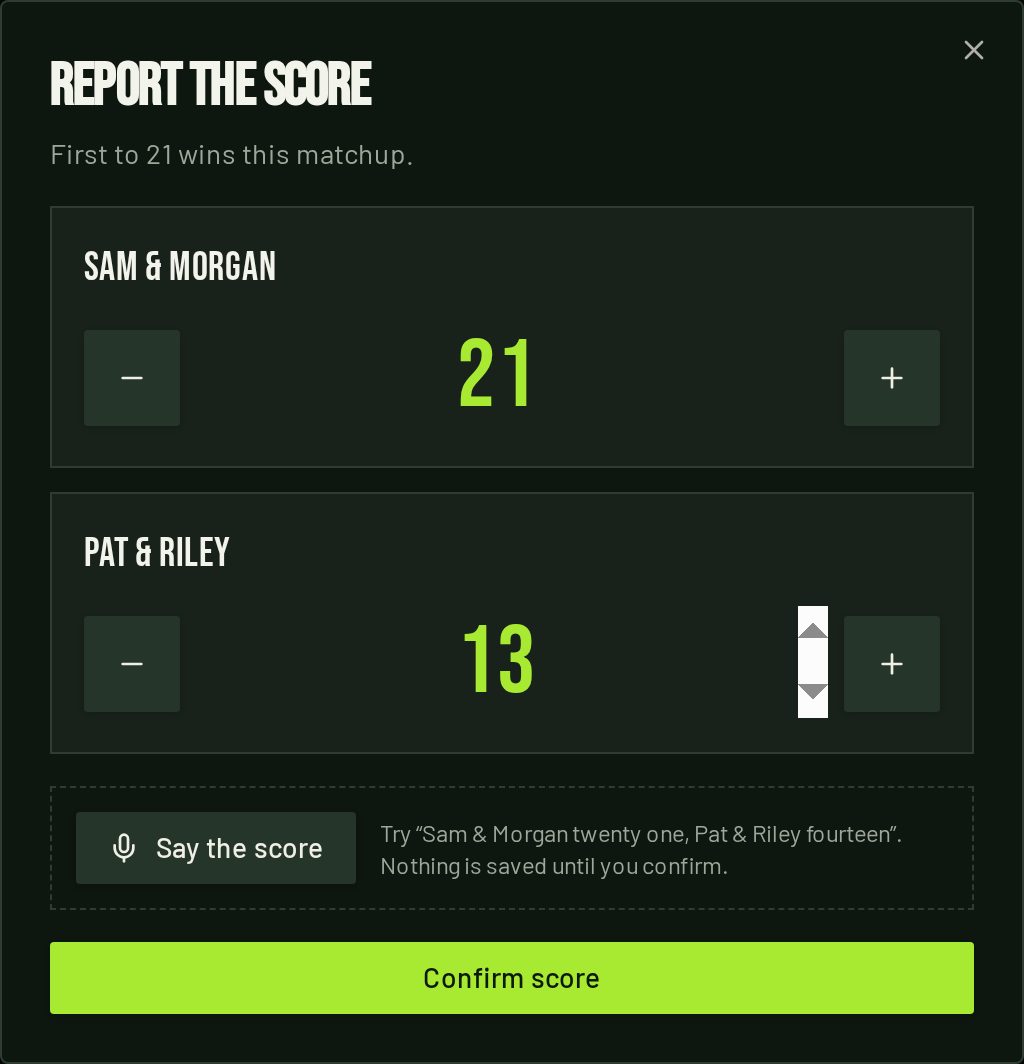 Report the score dialog with plus and minus steppers showing 21 to 13 and a Say the score microphone button