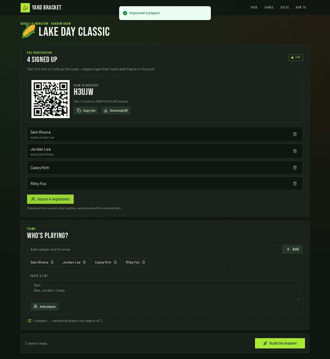 Team entry filled with imported player chips after pressing Import registrants