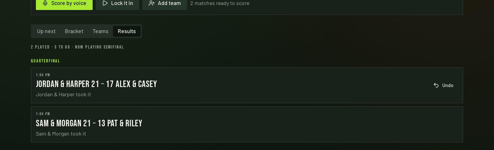 Results tab listing played matches grouped by round with an Undo button next to the most recent one