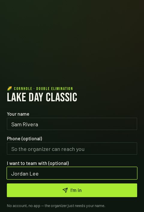 Sign-up page on a phone with fields for name, optional phone and I want to team with