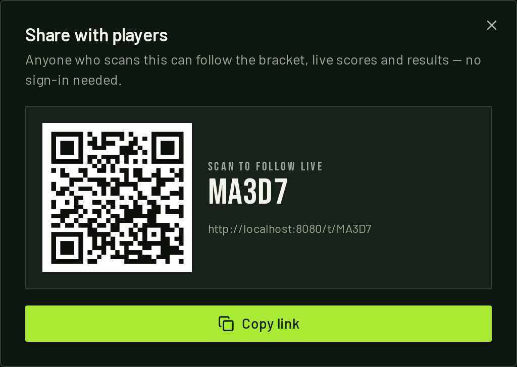 Share with players dialog showing a QR code, the tournament code and a Copy link button