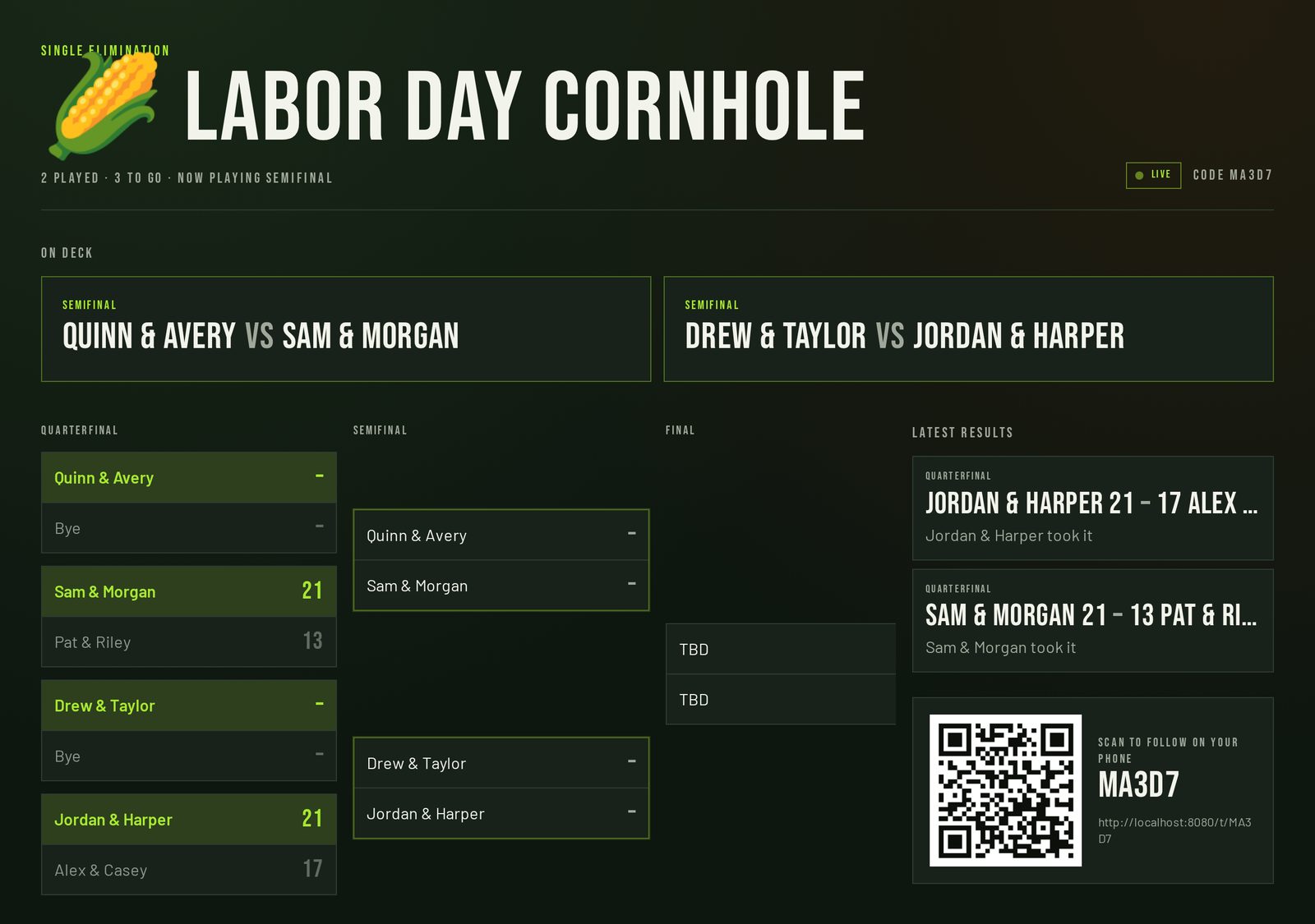 Big-screen display mode showing the tournament title, on-deck matches, the full bracket, latest results and a QR code