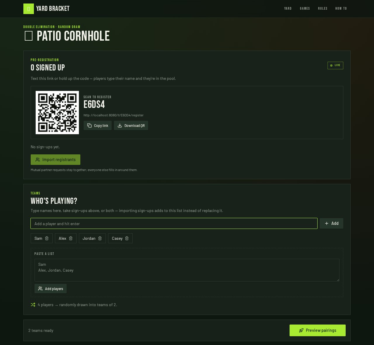 Tournament setup screen showing the pre-registration QR panel above a team entry box already holding four typed player names