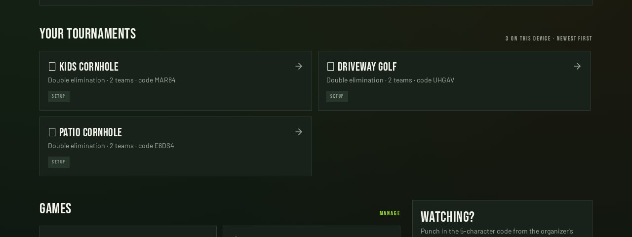 Your tournaments section on the home page listing three tournament cards with codes and status badges, newest first