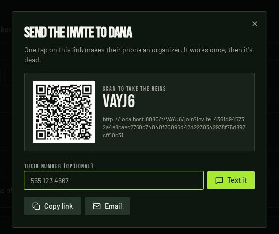 Send the invite dialog with a QR code, a phone number field with a Text it button, and copy link and email buttons