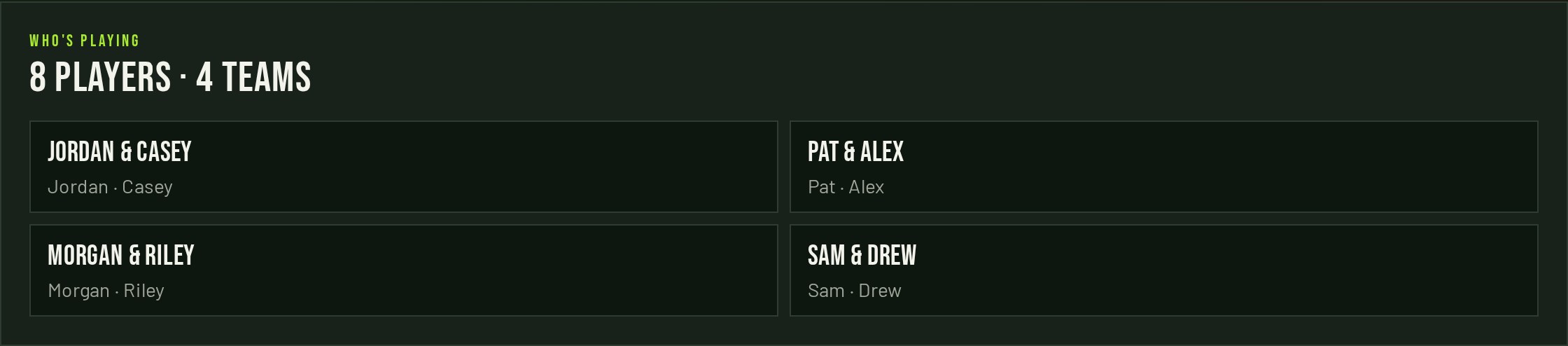 The Who's playing card on a tournament page showing 8 players across 4 teams, each team listing both player names