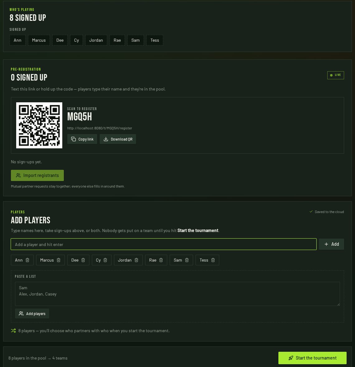 Add players card with eight names in the pool and a 'Saved to the cloud' indicator